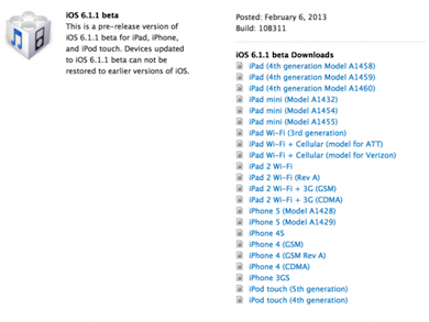 iOS 6.1.1 beta 1para desarrolladores